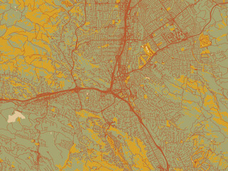 Contemporary flat map of Walnut Creek, California rendered with olive backdrop with warm rust street network and ochre blocks.