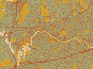 Modern flat map poster of Waltham, Massachusetts in olive backdrop with warm rust street network and ochre blocks.