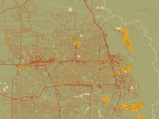 Decorative flat city map of Warner Robins, Georgia using olive backdrop with warm rust street network and ochre blocks.