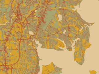 Naklejka premium Minimalist flat city map of Warwick Rhode, Island with sage/olive tone field with rust networks and ochre shapes, cream water.