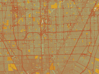 Flat painterly map of Warren, Michigan in sage green ground with rust-red roads and ochre accents.
