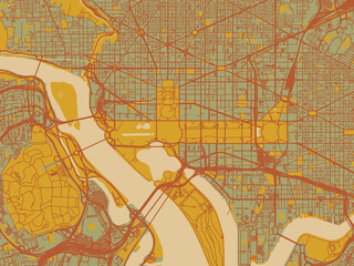 Obraz premium Stylized minimalist map of Washington District of, Columbia in olive backdrop with warm rust street network and ochre blocks.