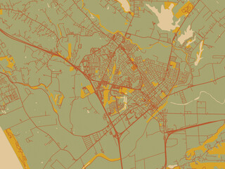 Decorative flat city map of Watsonville, California using olive backdrop with warm rust street network and ochre blocks.