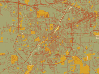 Flat painterly map of Waukesha, Wisconsin in sage green ground with rust-red roads and ochre accents.