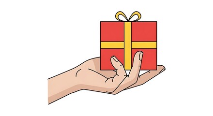 Hand Holding Small Red Gift Box with Yellow Ribbon and Bow on White Background