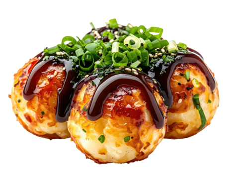 Three takoyaki balls, drizzled with dark sauce, topped with green onions and sesame seeds