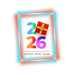 Vibrant 2026 Happy New Year illustration with neon-style numbers, geometric shapes, and festive elements. Ideal for party flyers, banners, greeting cards, and digital celebration designs.