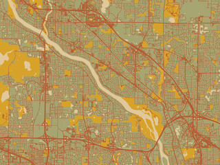 Minimalist flat city map of West Coon Rapids, Minnesota with olive backdrop with warm rust street network and ochre blocks.