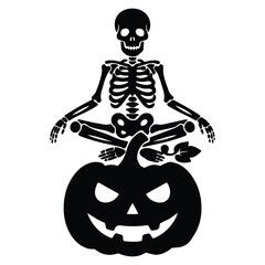 Black Skeleton Meditating on a Pumpkin for Halloween Spooky Season Illustration Isolated on White Background for Design and Decoration Perfect for Graphic Projects
