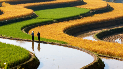 Terraced rice fields with farmers