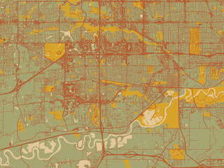 Fototapeta premium Graphic flat color map of West Des Moines, Iowa in sage green ground with rust-red roads and ochre accents.