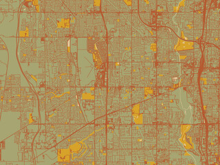 Contemporary flat map of West Jordan, Utah rendered with sage/olive tone field with rust networks and ochre shapes, cream water.