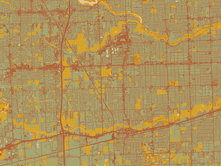 Fototapeta premium Vector-style flat map of Westland, Michigan with earthy sage background with rust roadways and ochre details.