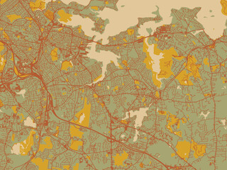 Decorative flat city map of Weymouth, Massachusetts using muted sage base, rust-colored roads, and soft ochre highlights.