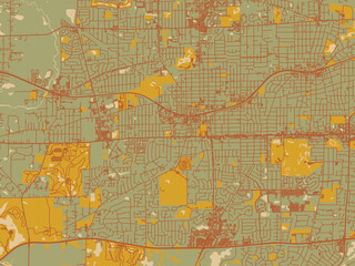 Modern flat map poster of Wheaton, Illinois in earthy sage background with rust roadways and ochre details.