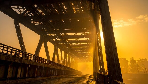 Sunset view of a rustic bridge with golden light illuminating the structure and surrounding landscape