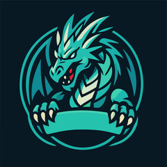 Teal Dragon Circular Crest Logo with Blank Ribbon Fantasy Esports Team Emblem Vector