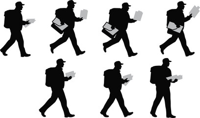 Walking courier delivery service, silhouette with backpack and mail, postal worker motion sequence, black icon set for logistics, transport, animation, express delivery