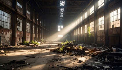 Sunlight streams through broken windows in an abandoned warehouse, illuminating debris and greenery