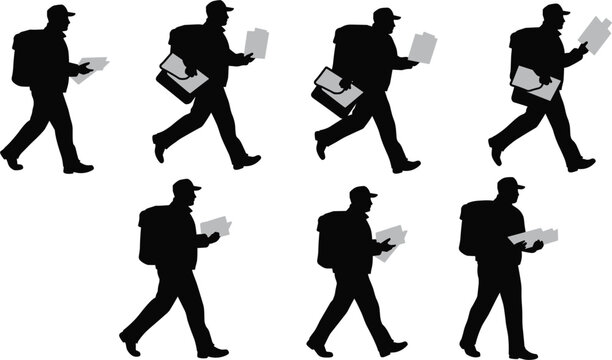 Walking courier delivery service, silhouette with backpack and mail, postal worker motion sequence, black icon set for logistics, transport, animation, express delivery - Powered by Adobe