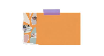 A rectangular orange note paper with rough torn left edge, taped with a single purple tape strip, gentle shadow, pastel collage design, isolated on neutral background