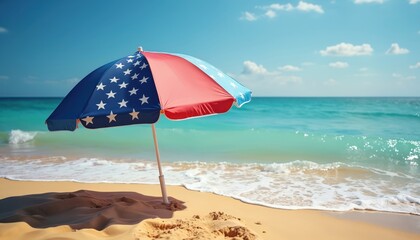 American flag beach umbrella stands on sandy shore. Gentle ocean waves lap the coastline under clear blue sky. It evokes summer vacation and patriotism.