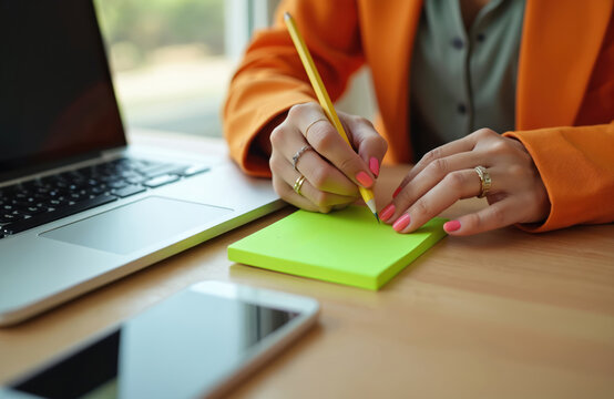 Woman writes on lime green sticky note with yellow pencil. Laptop computer and smartphone sit on wooden desk. She wears an orange blazer, planning her day in office.