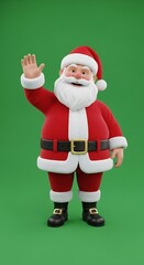 Festive Santa Claus Character Standing in Green Background Waving in Traditional Red Costume