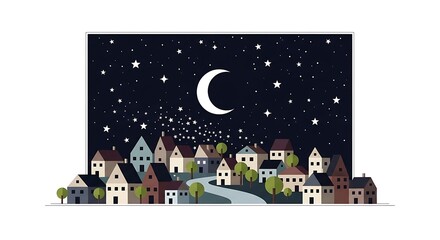 Nighttime Village Scene with Crescent Moon and Starry Sky in Artistic Illustration