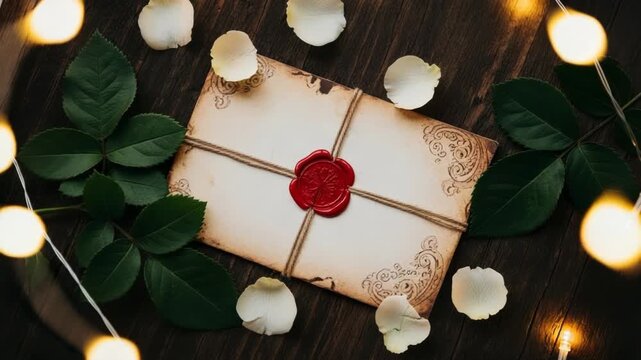 Vintage letter with red wax seal and rose petals on wood