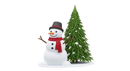 Snowman with Carved Face Black Hat Red Scarf Standing Next to Green Pine Tree with Snow on Branches for Winter Holiday Decor