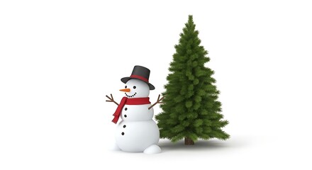 Snowman with Black Hat Red Scarf and Green Pine Tree on White Background