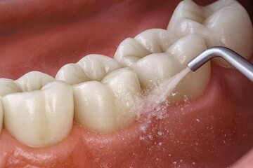 Dental air polishing cleaning on molar teeth

