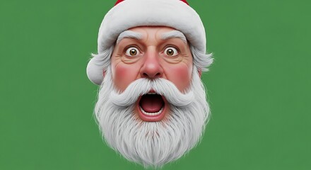 Surprised Santa Claus Face with Wide Eyes and Open Mouth on Green Background