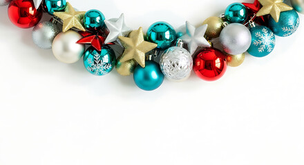 Christmas ornaments and gold stars border white background