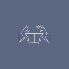 Minimalist line drawing depicting two figures playing table tennis, with a net separating them.
