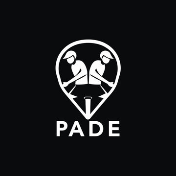 Minimalist logo depicting two figures paddling a canoe or kayak within a location pin shape, above the text "PADE".