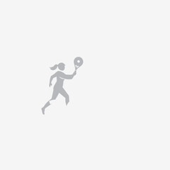 Silhouette of a woman playing racquetball, swinging her racquet to hit the ball.