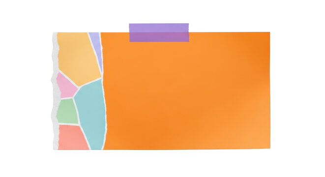 A rectangular orange note paper with rough torn left edge, taped with a single purple tape strip, gentle shadow, pastel collage design, isolated on neutral background