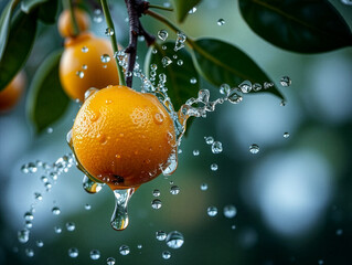 Refreshing Close-up of Persimmon Fruit with Water Drops in Sunlight 2