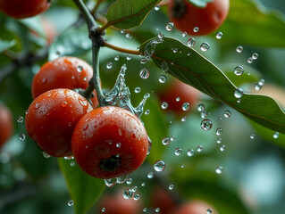 Refreshing Close-up of Persimmon Fruit with Water Drops in Sunlight