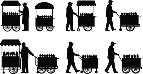 Street vendor silhouette pushing bottle cart, mobile vending, black figure, outdoor selling, urban scene, isolated illustration, beverage distribution, canopy cart design ©  creative rabbi