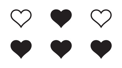 Six stylized hearts, some outlined and some solid black, arranged in two rows on a white background.