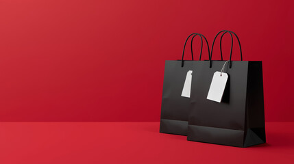 Two black shopping bags with white empty price tags on vibrant red background placed on right side minimal modern composition for sale shopping window display Black Friday