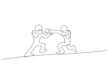 Minimal continuous one line drawing of two people sparring in boxing stance, symbolizing competition, strength, discipline, and focus in a simple artistic form. Cartoon vector Editable stroke