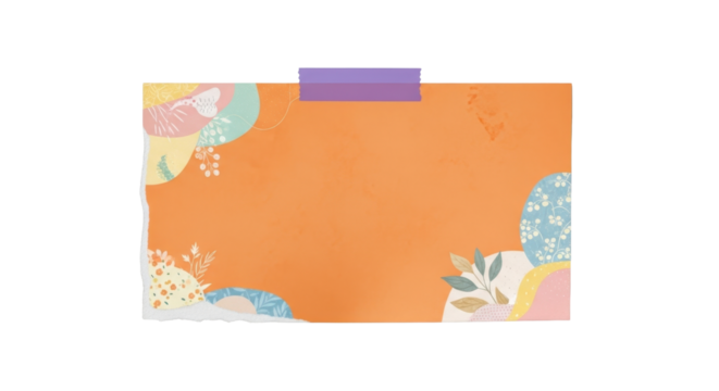 A rectangular orange note paper with rough torn left edge, taped with a single purple tape strip, gentle shadow, pastel collage design, isolated on neutral background
