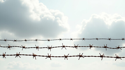 Three strands of barbed wire stretch across the frame against a backdrop of soft, white clouds and a pale blue sky, creating a stark contrast between freedom and confinement