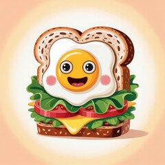 Cute cartoon breakfast sandwich with a happy fried egg face and fresh ingredients
