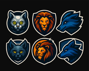 Round Animal Badge Logo Set Cat Lion Wolf Circular Emblems for Gaming and Team Branding Vector