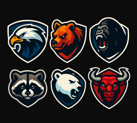 Animal Shield Badge Logo Bundle Eagle Lion Bear Raccoon Polar Bear Bull Mascot Emblems Vector